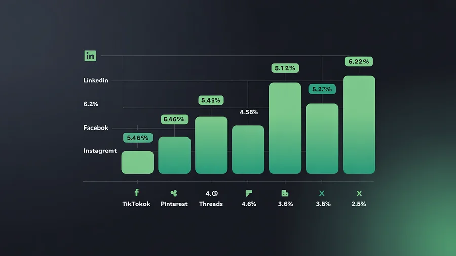 Social media engagement rates by platform — LinkedIn 6.2%, Facebook 5.6%, Instagram 5.46%, TikTok 4.6%