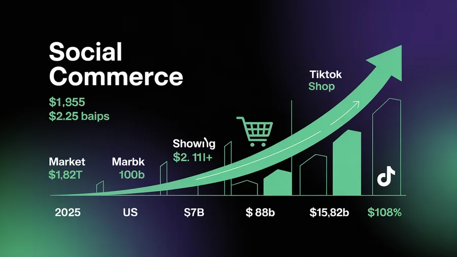 Social commerce market growth — $1.63T global in 2025, projected $2.11T in 2026, TikTok Shop $15.82B