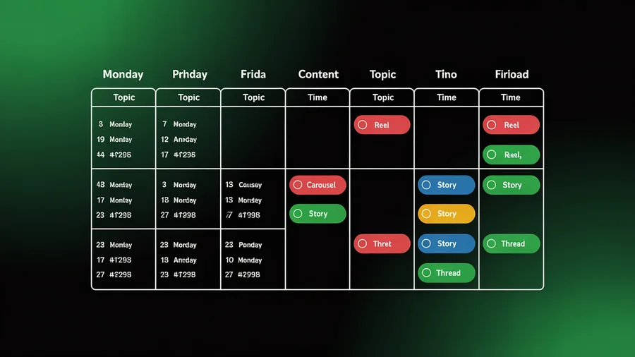 Weekly social media content calendar with platform, content type, topic, and time columns