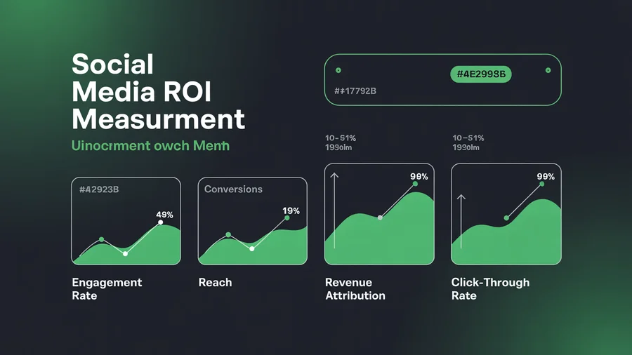 Social media ROI dashboard — engagement rate, reach, conversions, revenue, click-through rate metrics