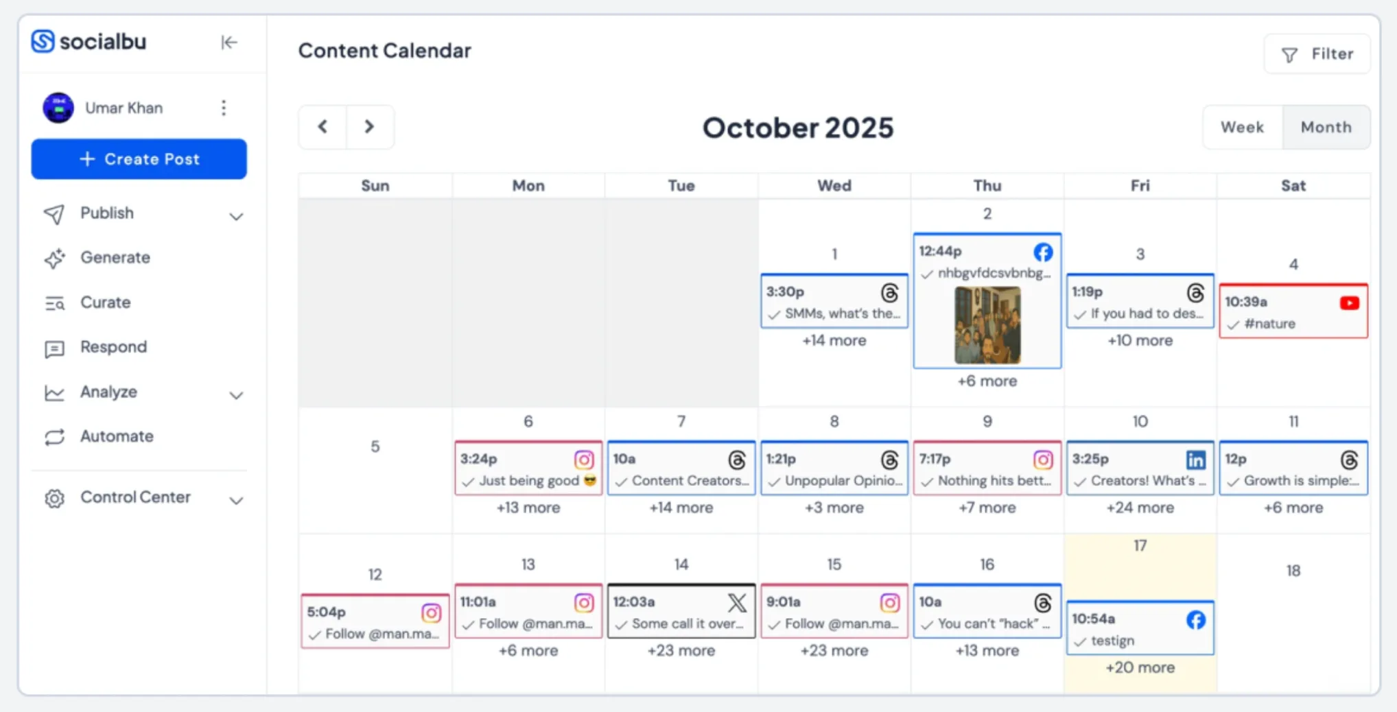 SocialBu dashboard showing scheduling, automation, and social listening across platforms