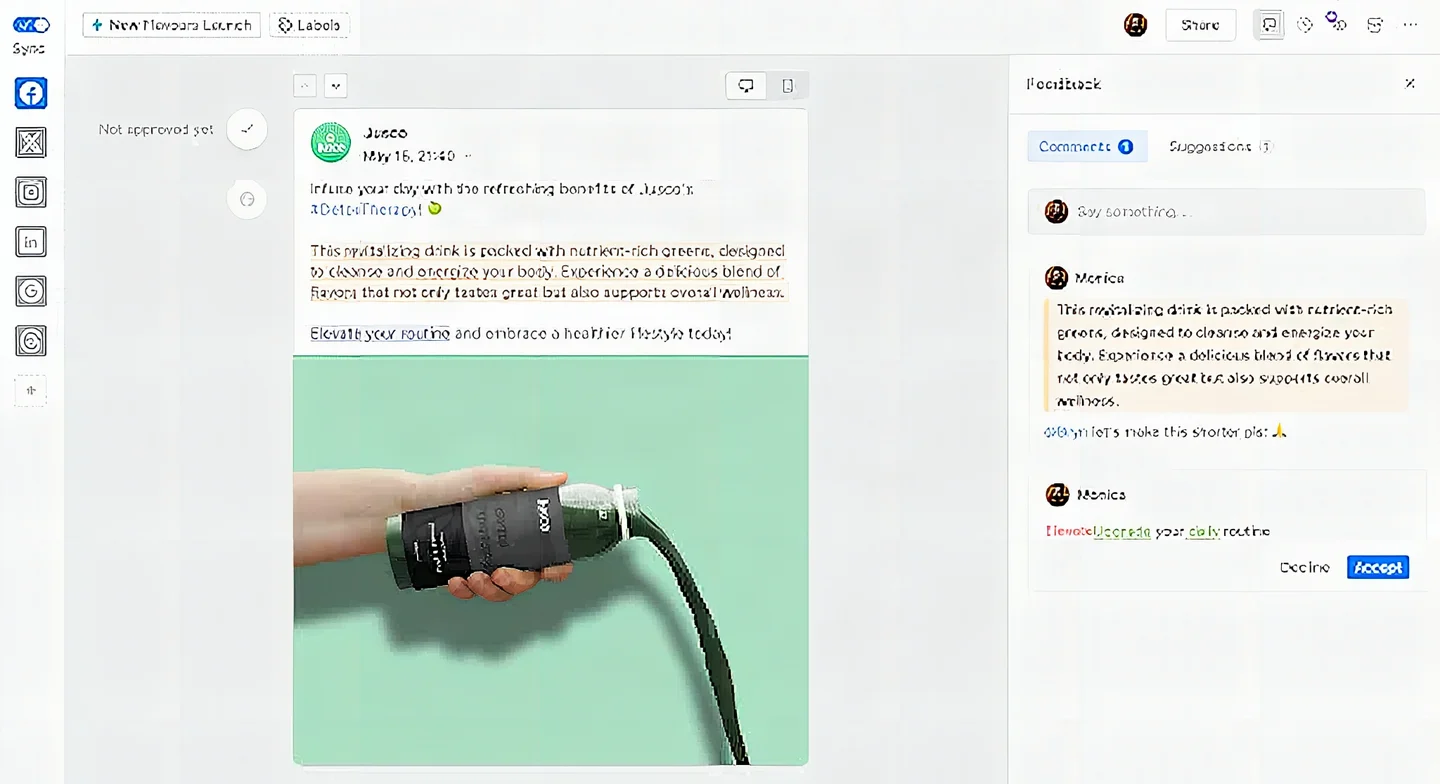 Statusbrew approval workflow showing a draft post with team comments, suggestions, and an approve button