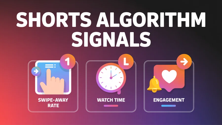 YouTube Shorts algorithm ranking signals — swipe-away rate, watch time relative to length, and engagement signals