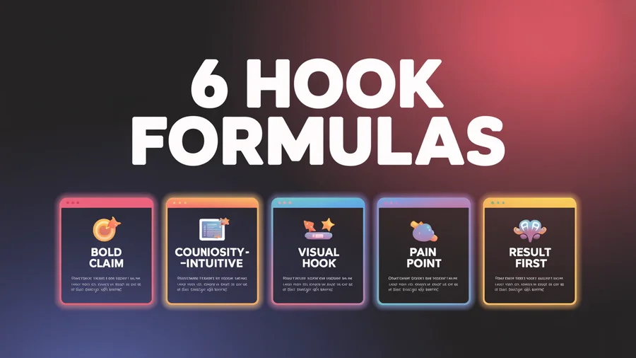 Six YouTube Shorts hook formulas — bold statement, curiosity gap, counter-intuitive, visual hook, result first