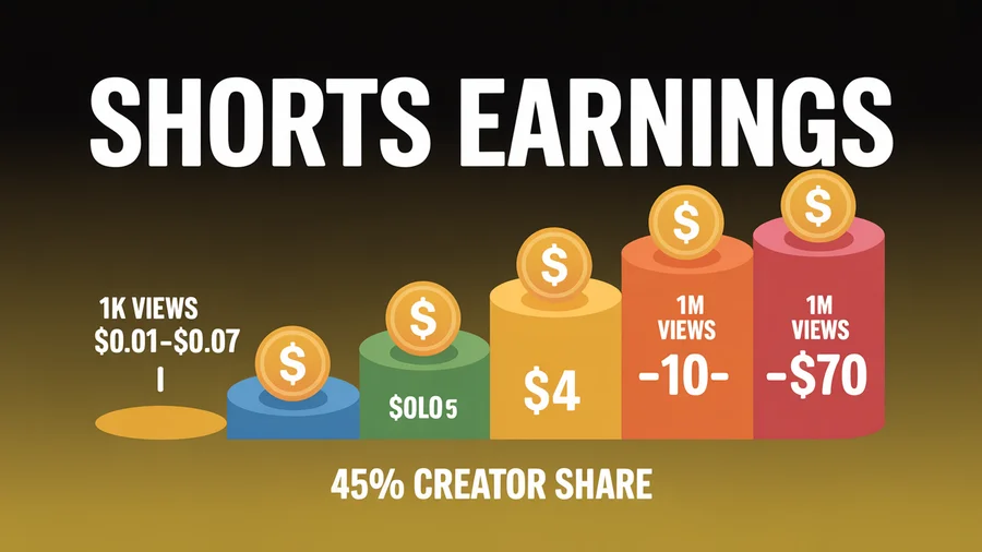 YouTube Shorts earnings breakdown — $0.01-$0.07 per 1,000 views with 45% creator revenue share