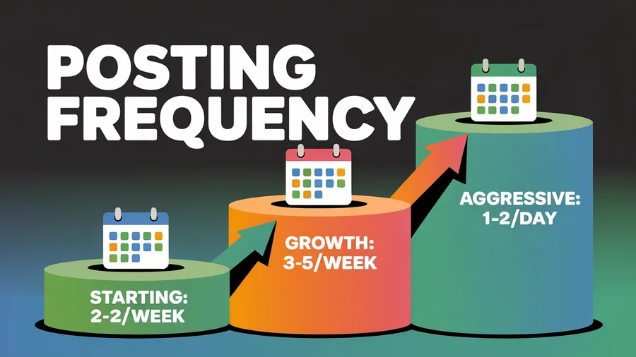 YouTube Shorts posting frequency — starting at 2-3 per week, growth phase at 3-5 per week, aggressive growth at 1-2 per day