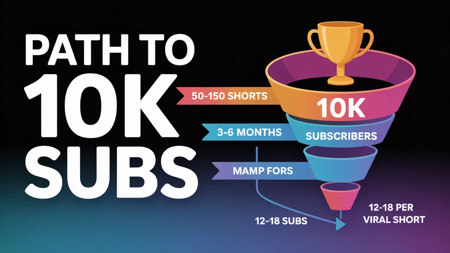 Path to 10K YouTube subscribers — 50-150 Shorts over 3-6 months at 12-18 subscribers per viral Short