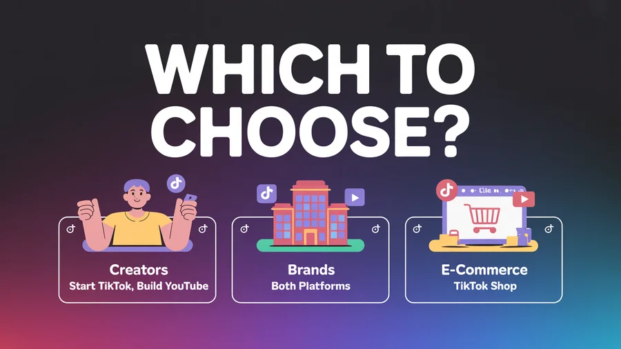 Which platform to choose — creators start TikTok then build YouTube, brands use both, e-commerce focuses on TikTok Shop