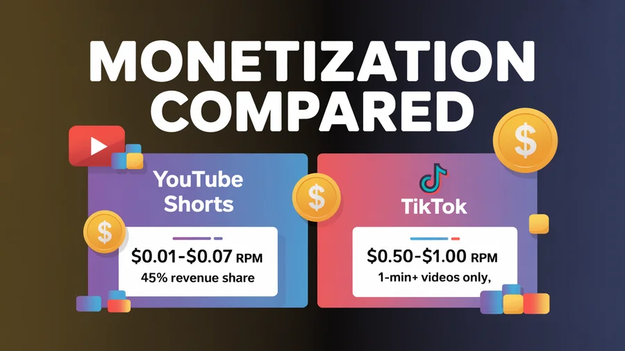 YouTube Shorts vs TikTok monetization — Shorts $0.01-$0.07 RPM vs TikTok $0.50-$1.00 RPM