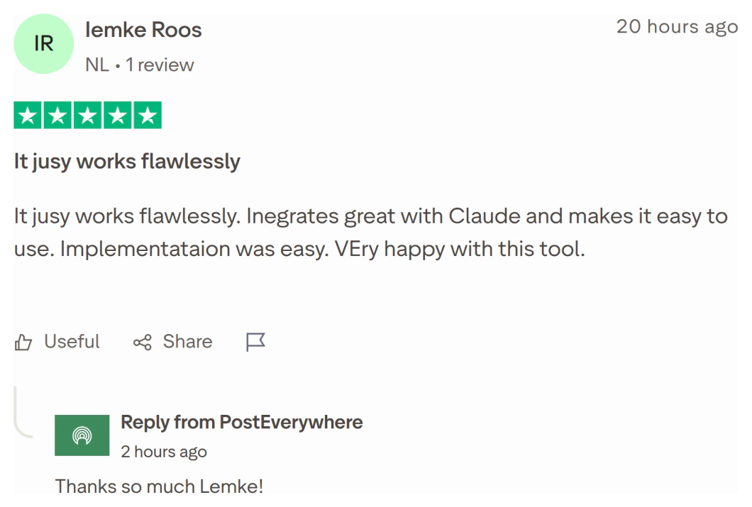 Trustpilot review of PostEverywhere by Iemke Roos (Netherlands), 5 stars: It jusy works flawlessly