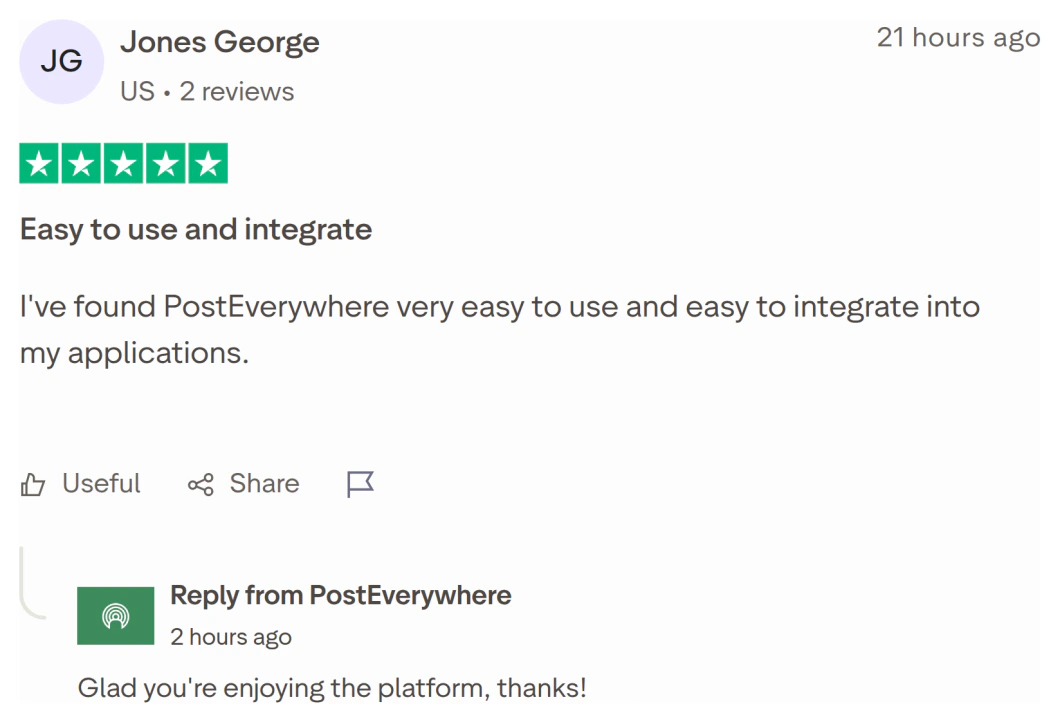 Trustpilot review of PostEverywhere by Jones George (United States), 5 stars: Easy to use and integrate