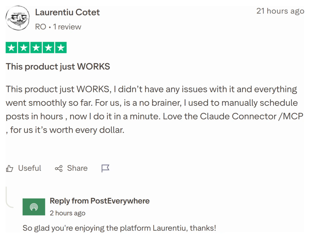 Trustpilot review of PostEverywhere by Laurentiu Cotet (Romania), 5 stars: This product just WORKS