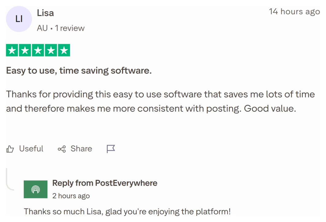 Trustpilot review of PostEverywhere by Lisa (Australia), 5 stars: Easy to use, time saving software.