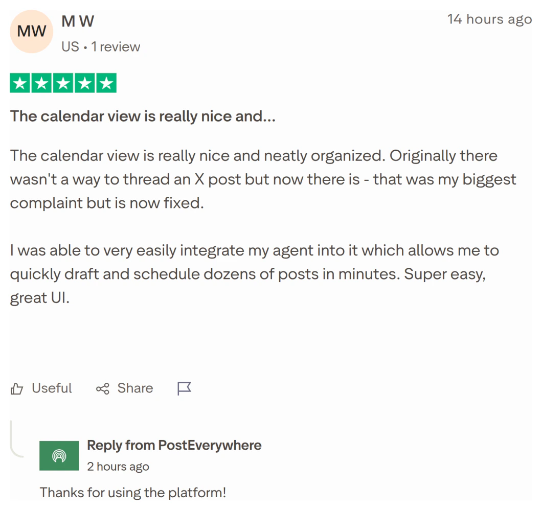 Trustpilot review of PostEverywhere by M W (United States), 5 stars: The calendar view is really nice and neatly organized