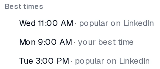 PostEverywhere composer Best times menu showing Wed 11:00 AM popular on LinkedIn, Mon 9:00 AM your best time and Tue 3:00 PM popular on LinkedIn