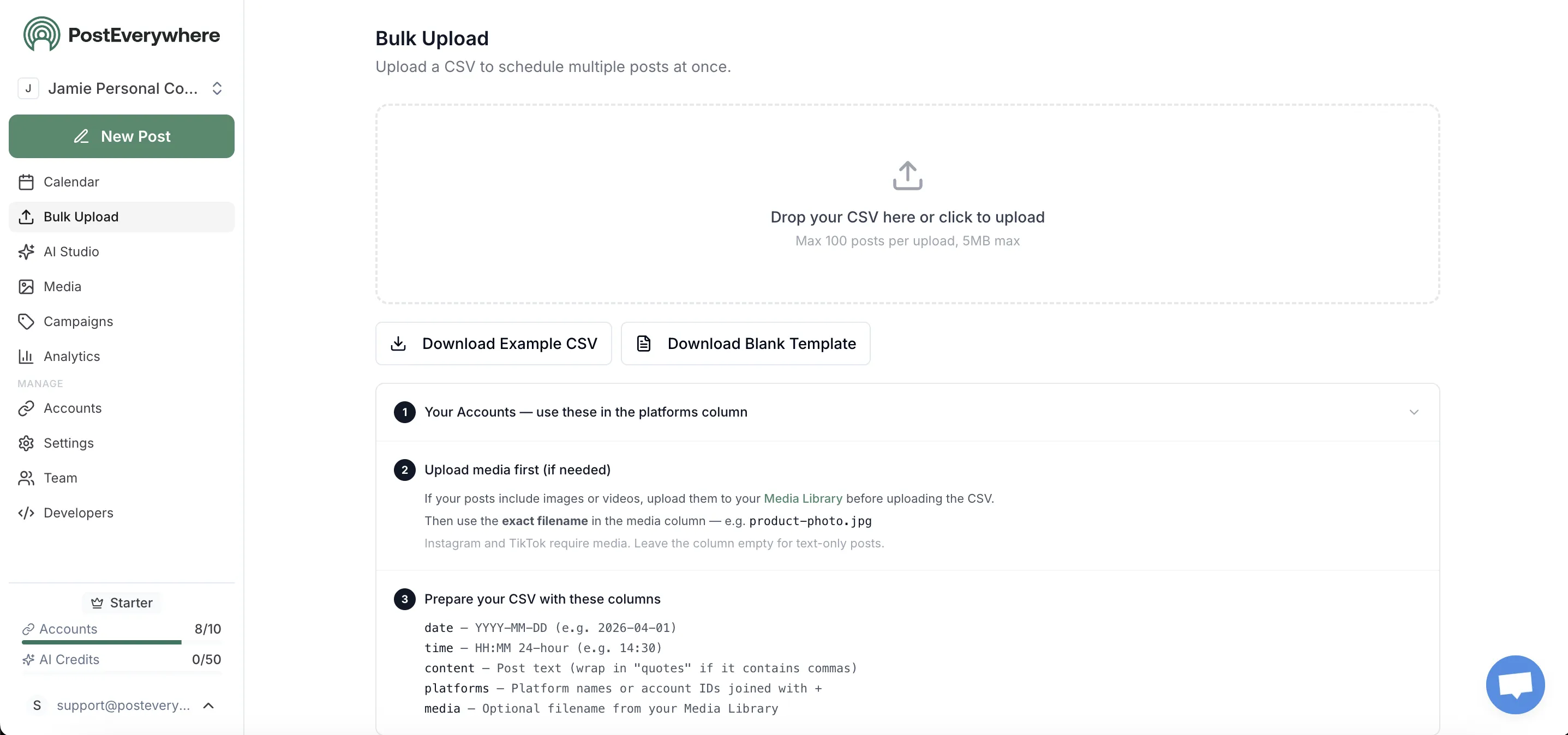 PostEverywhere connected social accounts dashboard with Instagram and Facebook listed separately
