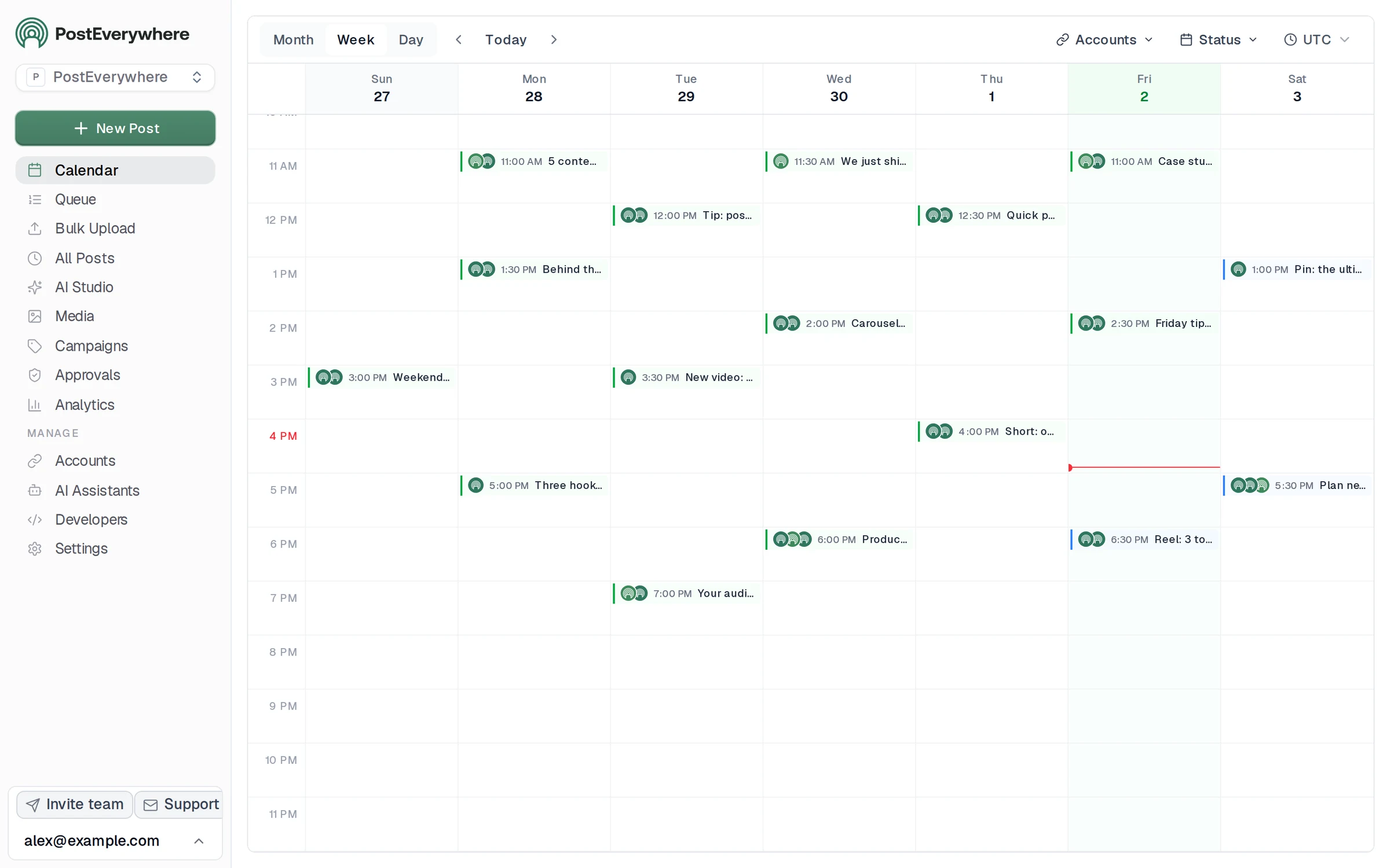 PostEverywhere calendar week view with scheduled posts from Sunday to Saturday, each showing a time and the start of the caption